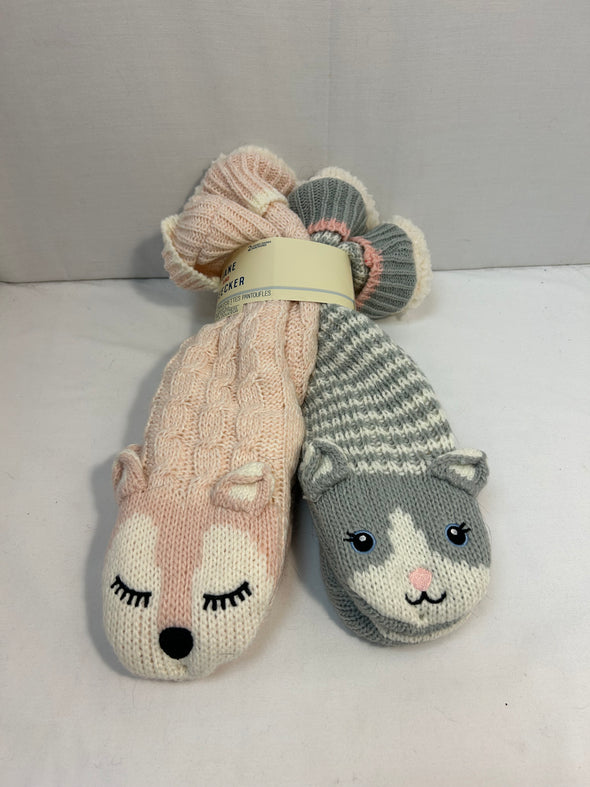 Plush Slipper Socks, 2 Pair, Grey/Pink, Size 4-10, NEW