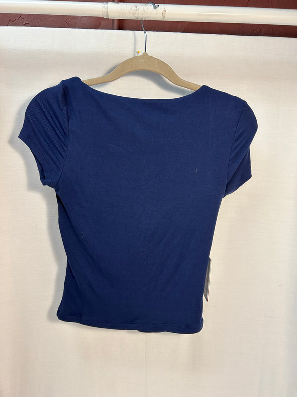 Ladies lovely short sleeve blouse. Navy blue. Ruched  v-neck front Size medium.