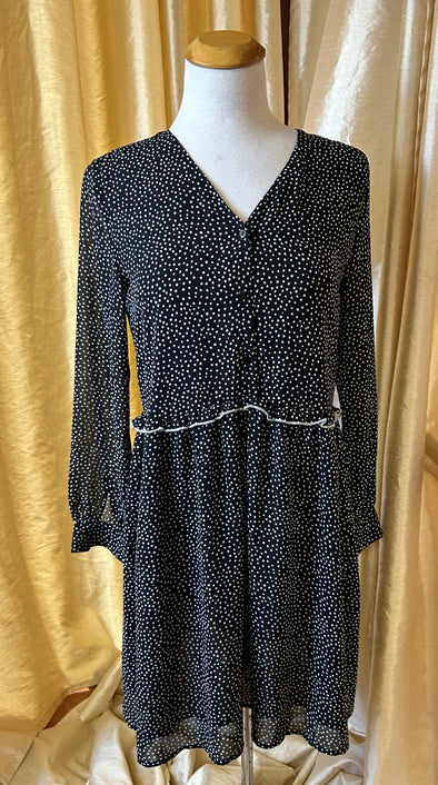 Long Sleeve Polka Dot Dress, Black/White, Lined, Size 36, NEW