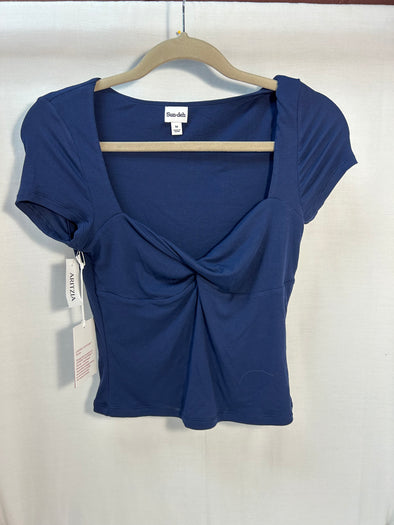 Ladies lovely short sleeve blouse. Navy blue. Ruched  v-neck front Size medium.