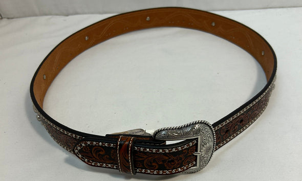 Men's Belt, Brown/Black Leather Silver Hardware, Size 40