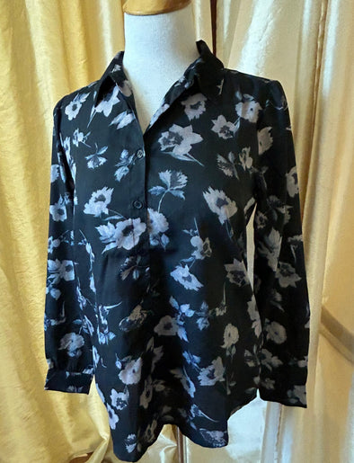 Long Sleeve Black/Pink Floral Print Blouse, Size Large, NEW