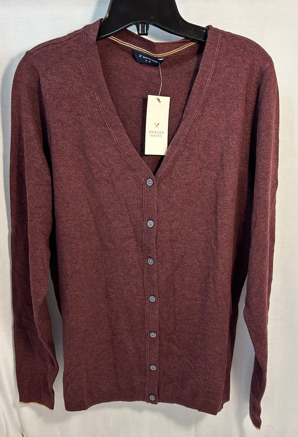 Ladies Button Front V-Neck Cardigan Sweater, Burgundy, Large, NEW