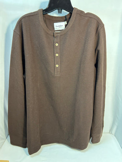 Men’s Waffle Knit Henley Pullover, Brown, Crew Neck, Large NEW