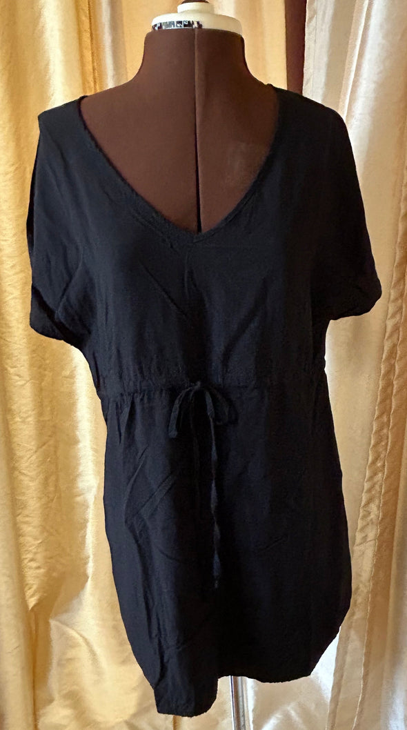 Short Sleeve Mini V-Neck Dress, Black, Size Small, Rayon