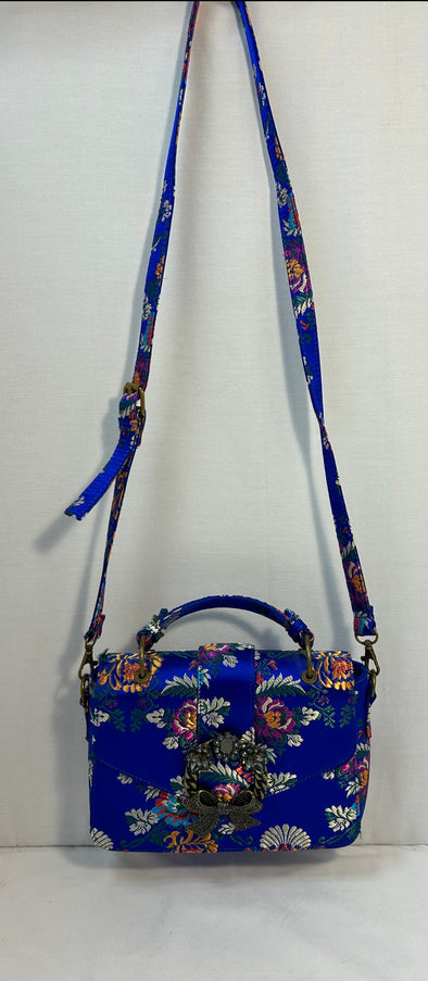 Women’s Crossbody Top Handle Satchel Handbag. Blue Floral 7x10"