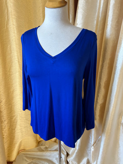 Ladies V-Neck Blouse, Cobalt Blue, 3/4 Sleeve, Pleat Front XL  NEW