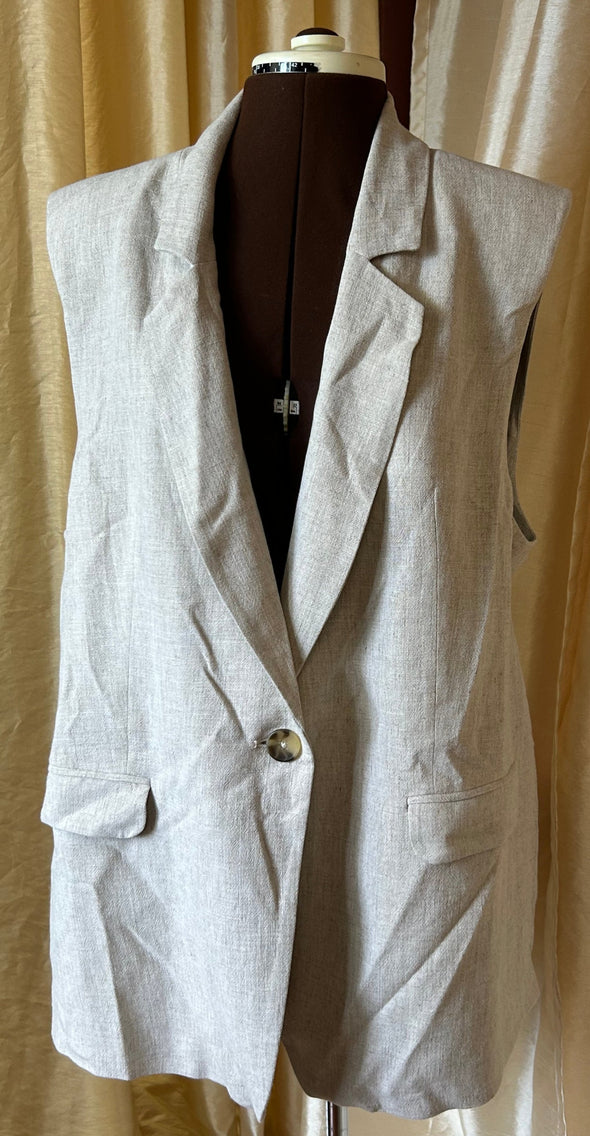 Ladie Sleeveless Vest, Beige, XL, Pockets, Linen Blend,