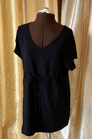 Short Sleeve Mini V-Neck Dress, Black, Size Small, Rayon