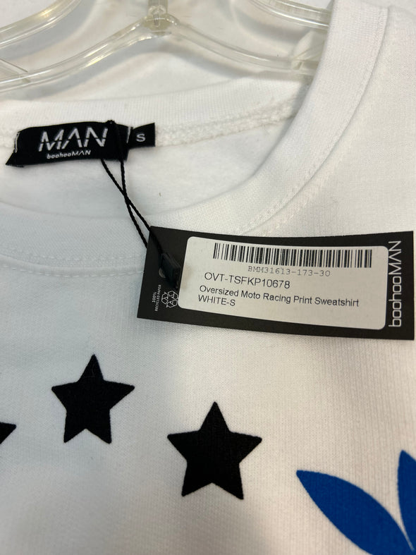 Men's Oversized Long Sleeve Racing Shirt, White/Blue, NEW Small
