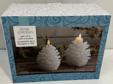 2 Piece White LED Pine Cone Candle Set, 11cm & 10cm