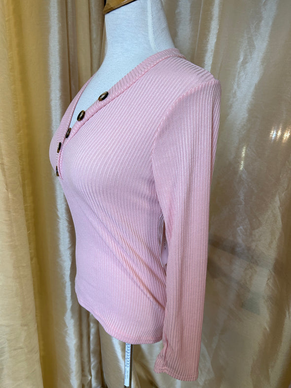 Ladies Long Sleeve 5 Button-Trim Sweater, Pink Size Large
