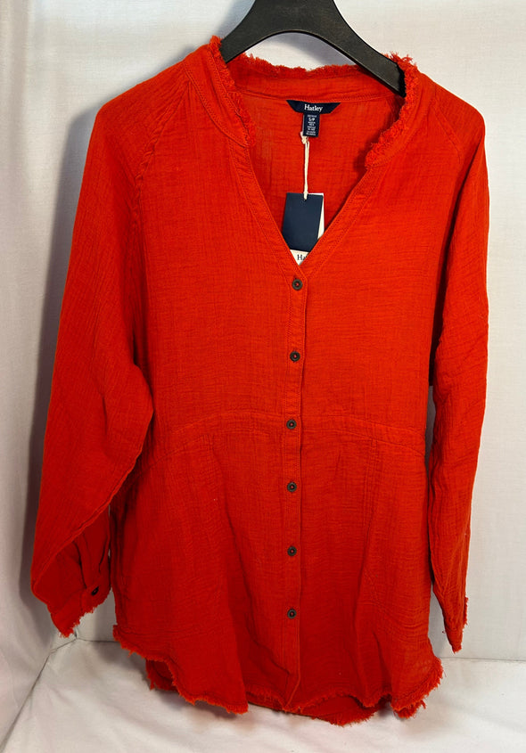 Ladies Long Sleeve Button Front Shirt, Orange Size Small, NEW