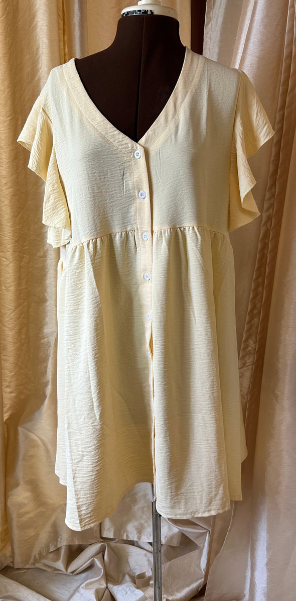 Short Sleeve Button Front Dress, Size Large, Yellow, 100% Polyester