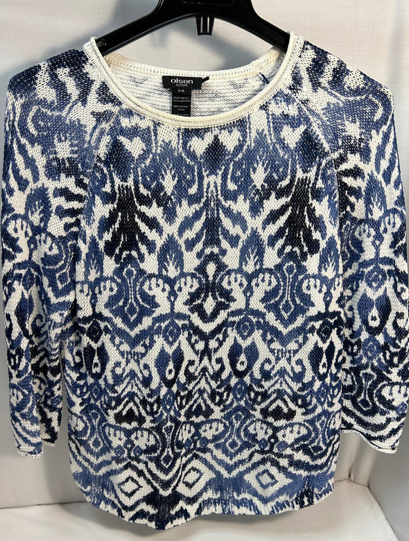 Ladies Long Sleeve Sweater, Blue Graphic Pattern, Size Small