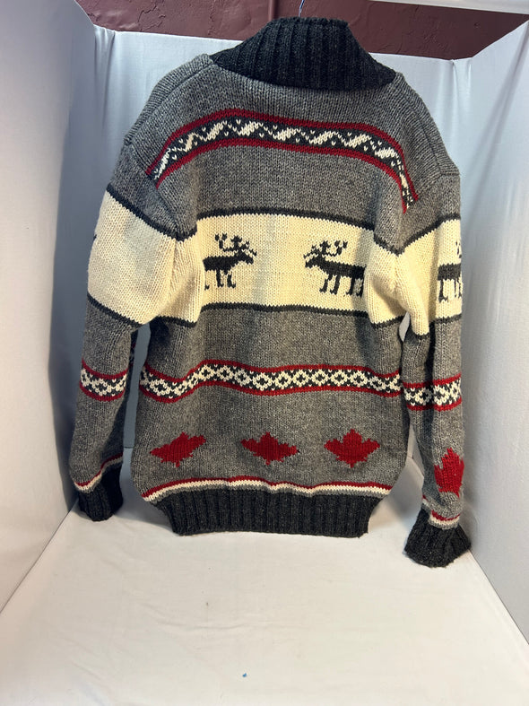 Men’s 100% Wool Zip Front Sweater Maple Leaf & Moose Design, XL