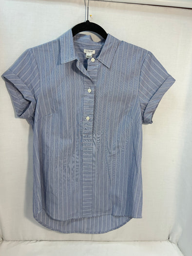 Ladies Short Sleeve Pin Stripe Blouse, Blue, Size Small, New