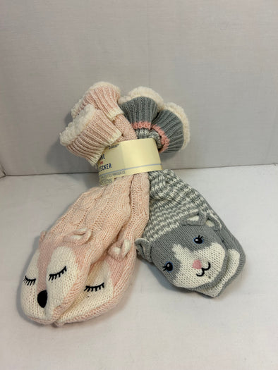 2 Pair Slipper Socks, Pink/Grey Kittens, Size 4-10, NEW