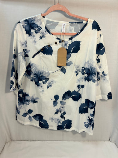 Ladies Short Sleeve Print Blouse, White/Black Print, Small