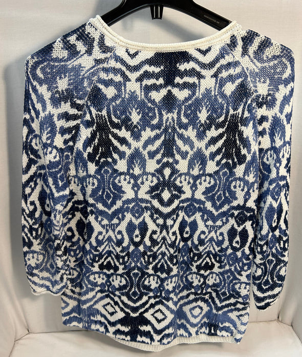 Ladies Long Sleeve Sweater, Blue Graphic Pattern, Size Small