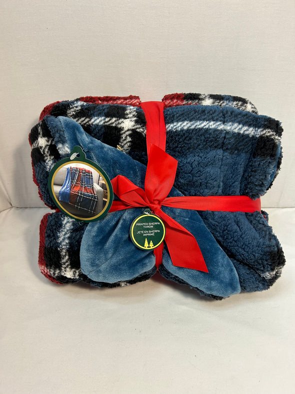 Printed Sherpa Throw, Navy/White/Red Plaid, Size 50" x 60"