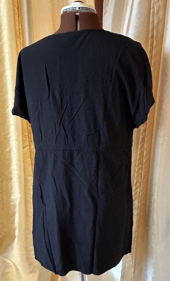 Short Sleeve Mini V-Neck Dress, Black, Size Small, Rayon