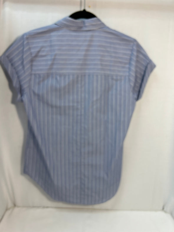 Ladies Short Sleeve Pin Stripe Blouse, Blue, Size Small, New