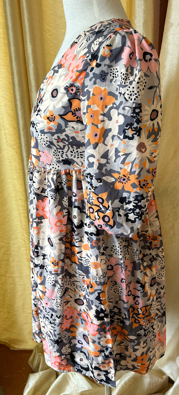 Ladies Floral Dress, Taupe Grey, Orange, Peach, Size Small