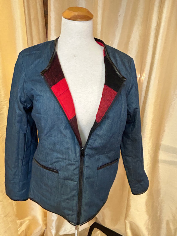 Ladies Reversible Buffalo Plaid & Denim Jacket Size Large, NEW