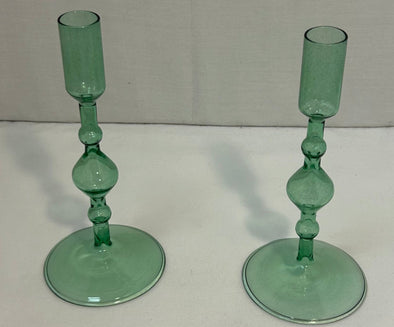 Set of 2 Glass Candlestick Holders, Green, 8" x 3.62" x 0.89"