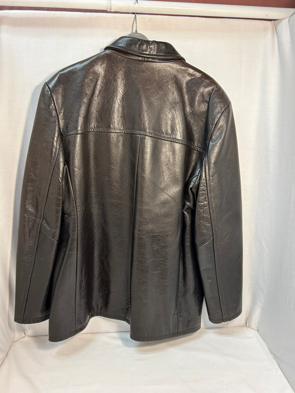 Mens Brown Button Front Lapel Collar Leather Jacket, XL NEW