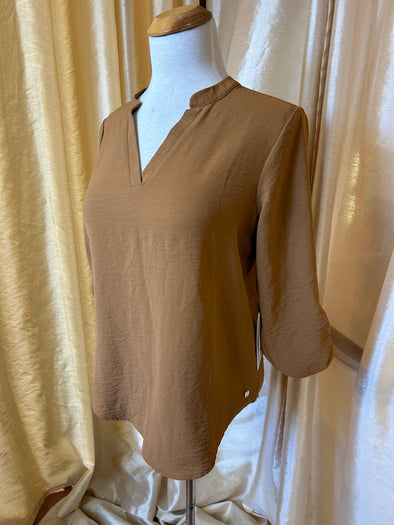 Long Sleeve V-Neck Blouse, Light Brown 97% Polyester, 3% Spandex