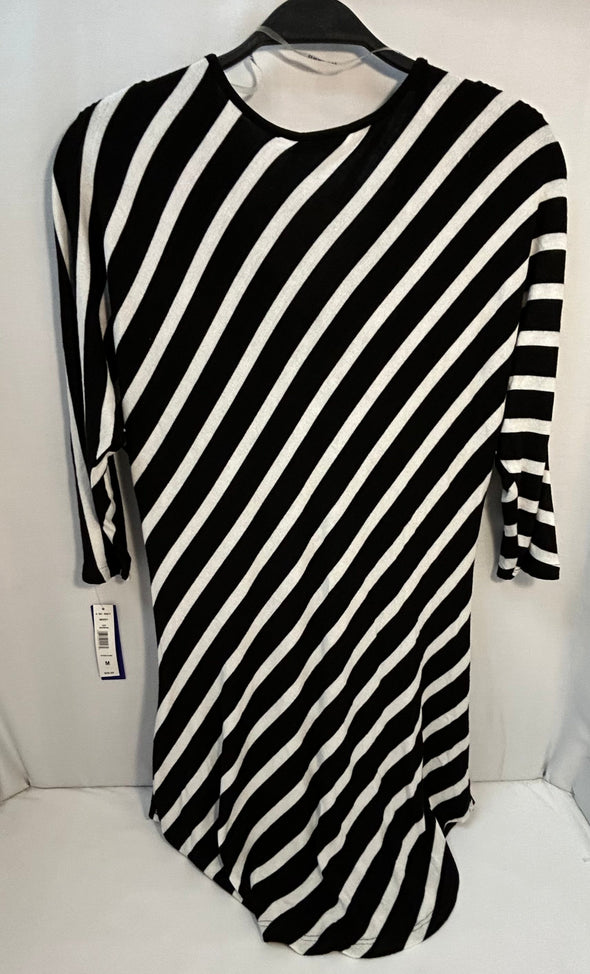 V-Neck Stripe Tunic Dress, Rayon/Spandex, Black/White Medium