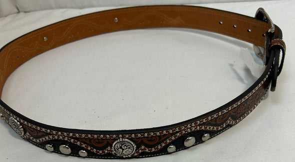 Men's Belt, Brown/Black Leather Silver Hardware, Size 40