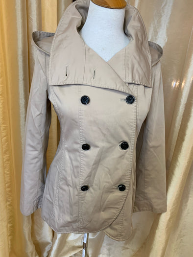 Ladies Hooded Double Breast Trench, Beige, Size Medium
