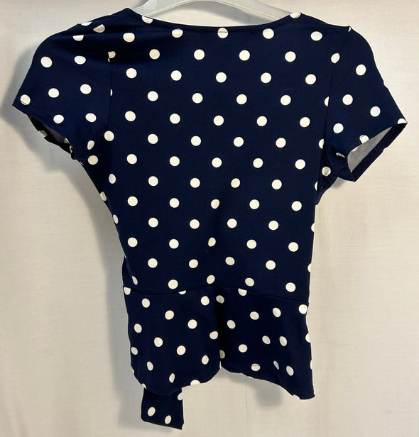 Short Sleeve V-Neck Blouse, Navy/White Polka Dot, Size Small, NEW