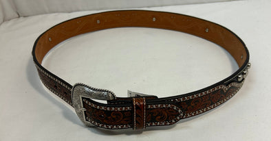 Men's Belt, Brown/Black Leather Silver Hardware, Size 40