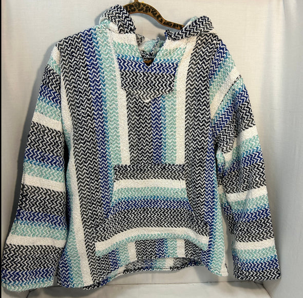 Baja Hooded Pullover V-Neck Top, Blue/White Stripe, Medium