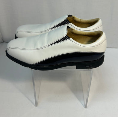 Golf Shoes, Slip-On Loafers, White Leather/Black Patent Trim, 10