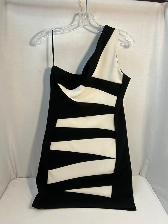 Ladies One-Shoulder Dress Sleeveless Dress, Black & White Size L
