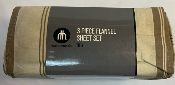 3 Piece Flannel Twin Sheet Set, Beige/Brown, NEW