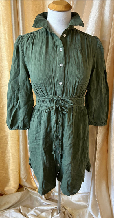 Ladies Long Sleeve Army Green Dress, Size Medium, 100% Cotton