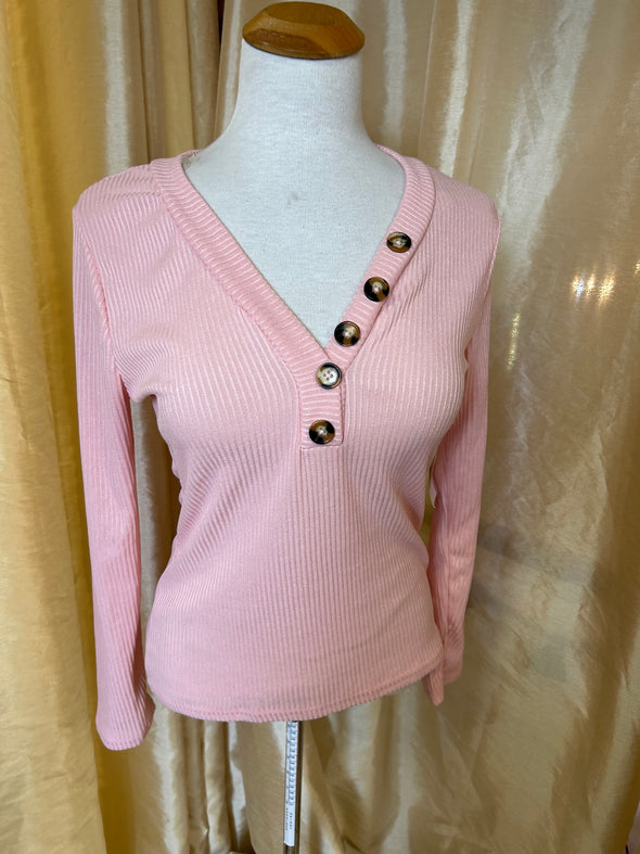 Ladies Long Sleeve 5 Button-Trim Sweater, Pink Size Large
