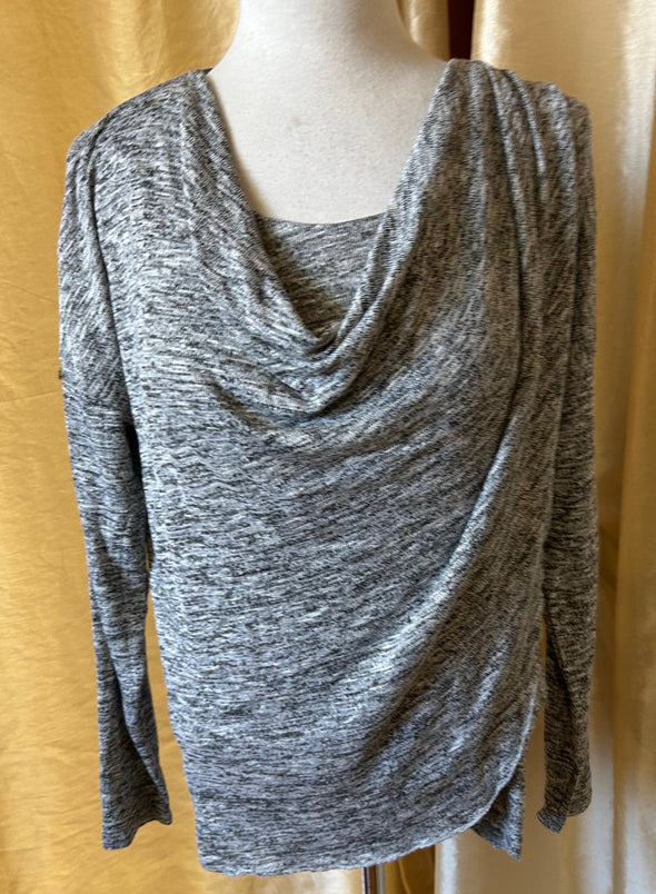 Ladies Cross Front Cowl Neck LS Sweater, Grey, Size Large, NEW