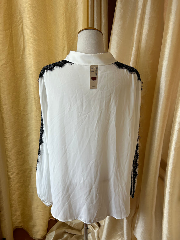 Ladies Long Sleeve Blouse, White With Black Lace Trim, 1X