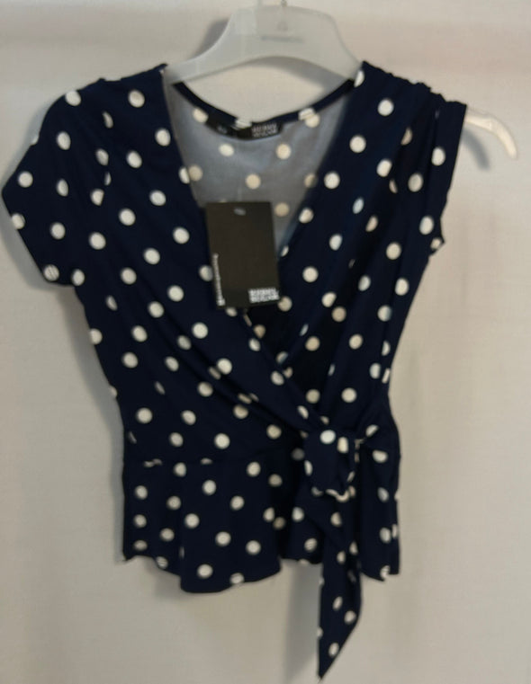 Short Sleeve V-Neck Blouse, Navy/White Polka Dot, Size Small, NEW