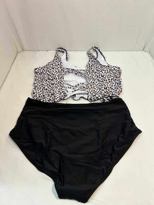 2-Piece Bathing Suit, Black Bottom, Leopard Print Top, Large, NEW