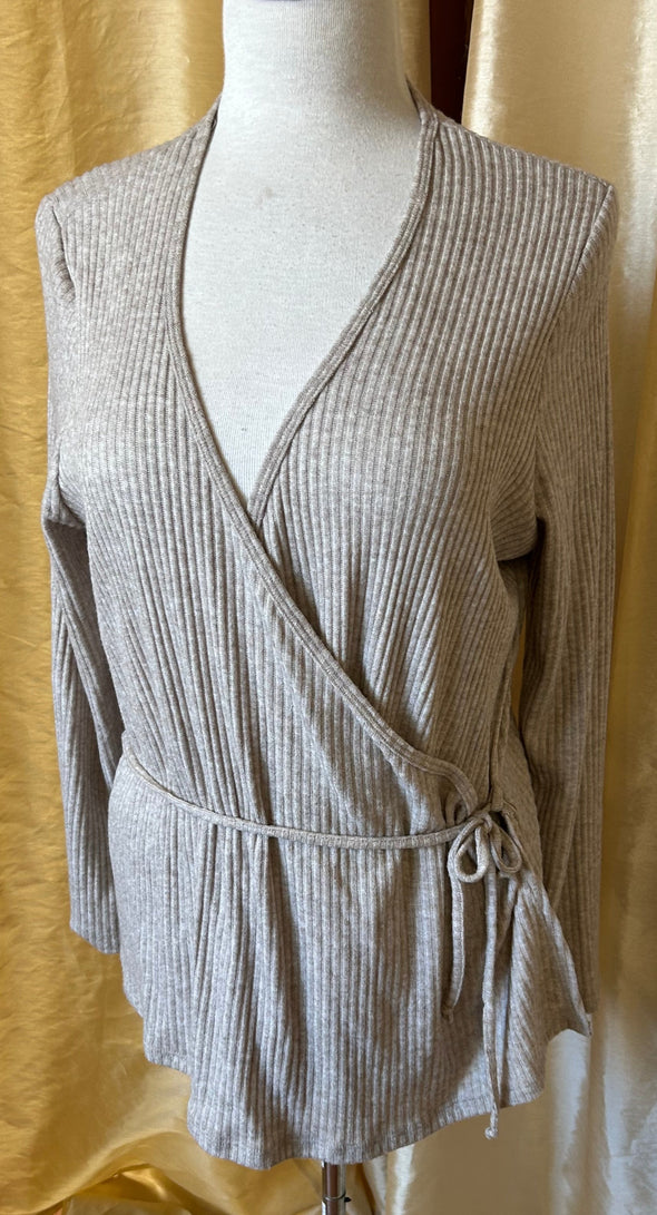 Ladies Cross Body Wrap Sweater, Natural Oatmeal, Size 2X