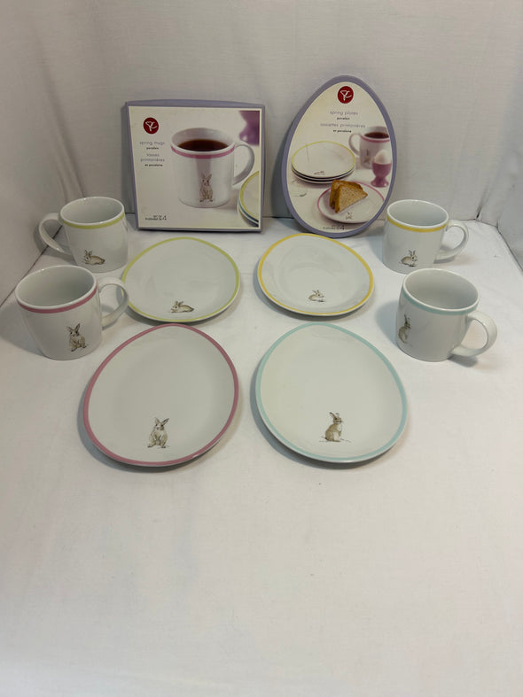 Set of 4 Oval Easter Bunny Plates & Mugs, NEW