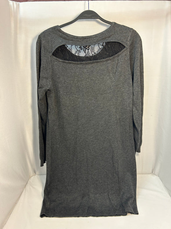 Ladies LS Shift Dress Grey With Black Lace Inset in Back, Small